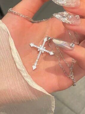 Sparkling Cross Pendant Necklace Inlaid Synthetic Gems Adjustable‎ with Gift Box